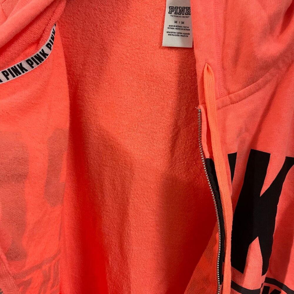 PINK Victoria's Secret Womens Zip-Up Hoodie Coral & Black Medium - Picture 5 of 10
